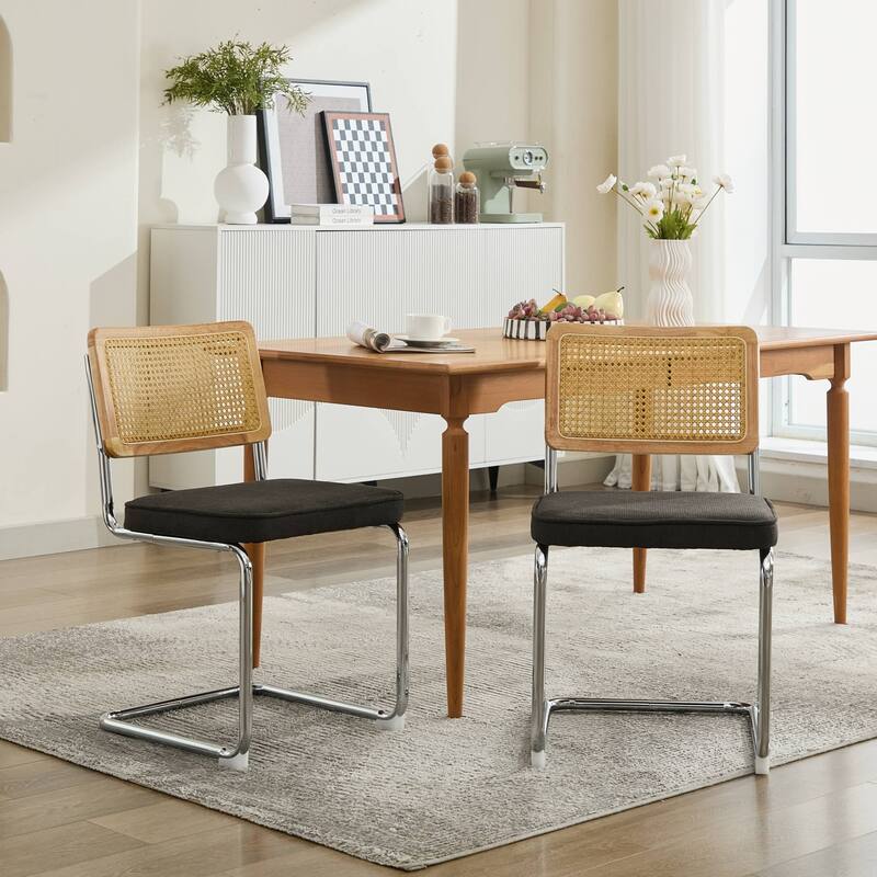 Modern Dining Chairs Set of 2, Velvet Accent Chairs with Natural Cane Back & Stainless Chrome Base, Upholstered Rattan Chairs