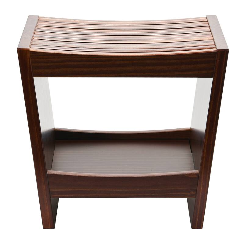 Slatted Solid Wood Stool With Storage Shelf