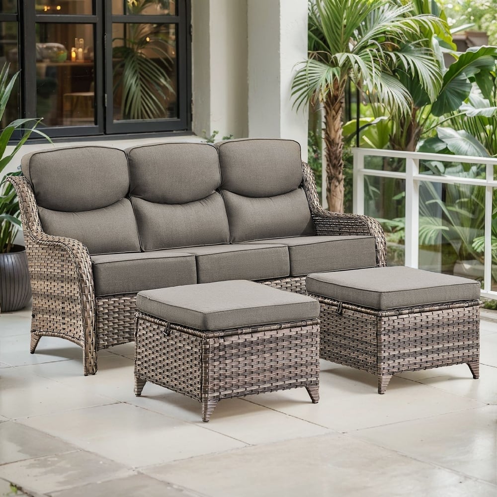 Arcadia 3-Seat Wicker Patio Sofa with 6-Inch Thick Cushions and 2 Ottomans