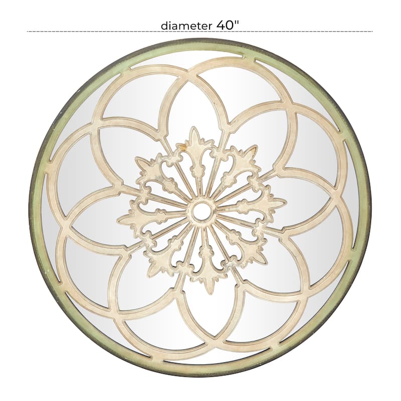 Wooden Floral Medallion Wall Mirror - Cream - Roche River Decor - 2"W x 40"L x 40"H