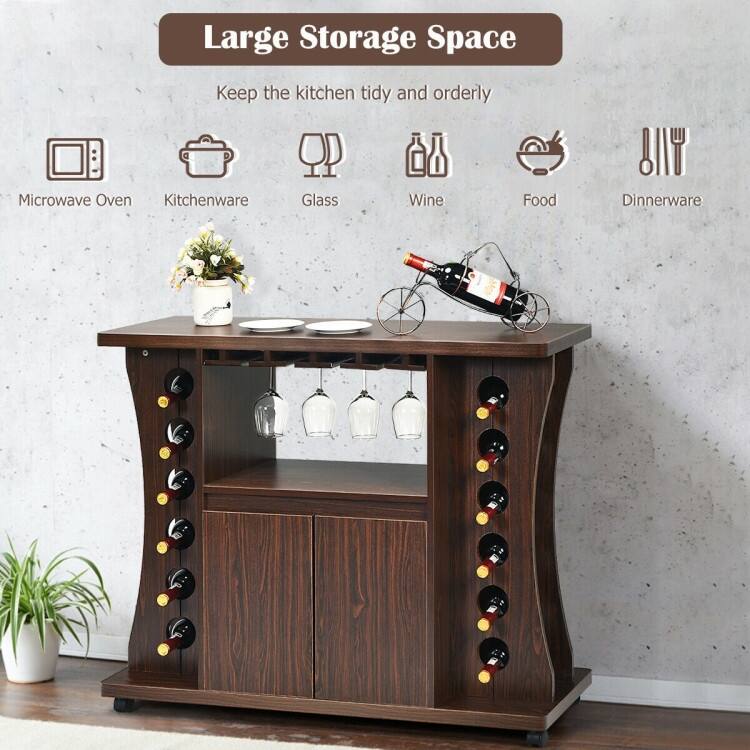 Rolling Buffet Sideboard Wooden Bar Storage Cabinet - Walnut - 43.5" x 15.5" x 36"(L x W x H)