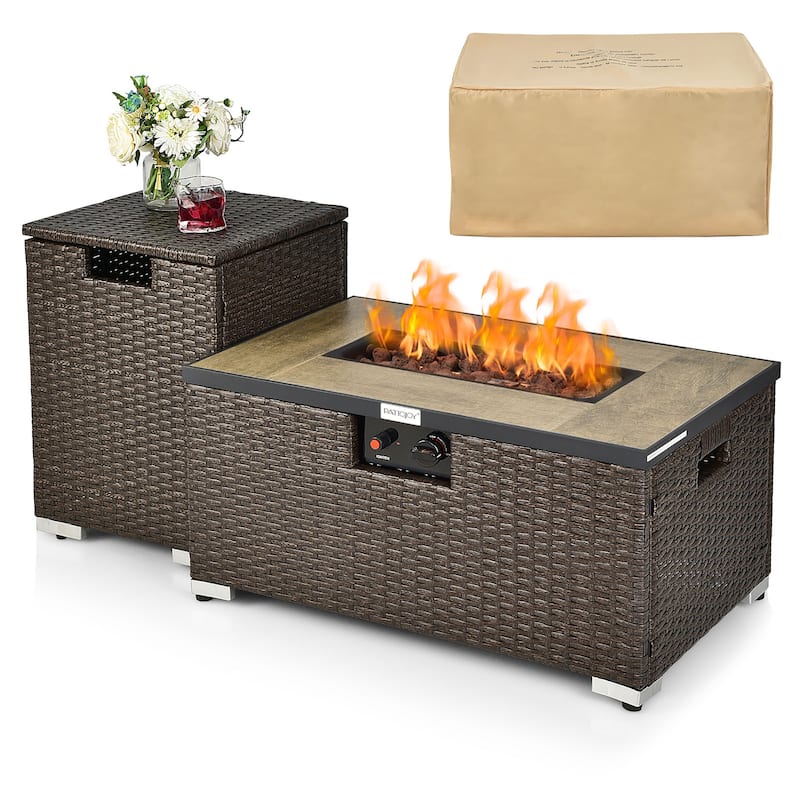 32''x 20'' Propane Rattan Fire Pit Table Set w/ Side Table Tank Cover - Brown+Beige