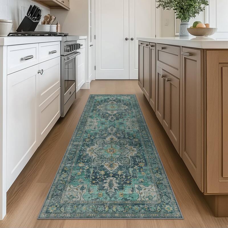 Mcow Green Floral Low Pile Machine Washable Non-Slip Area Rug