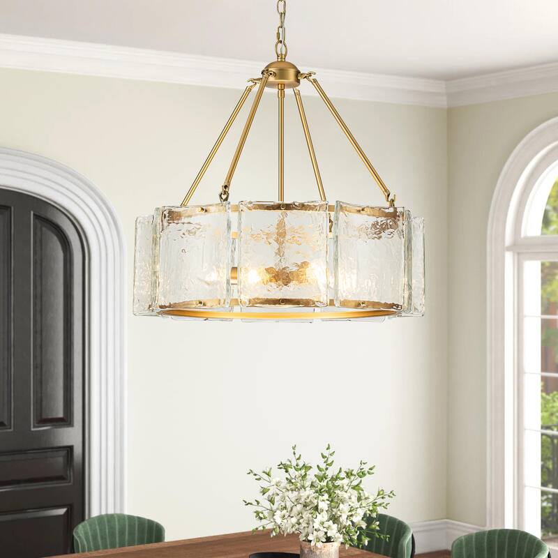 5-Light Modern Gold Drum Glass Chandelier 26.3 in. Pendant Island Lighting - 26.3 in. W x 25.1 in. H