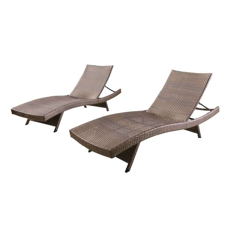 Outdoor Curved Wicker Lounge Chair Set of 2, Water Resistant Adjustable Reclining Chairs with Armrests & Folding Legs