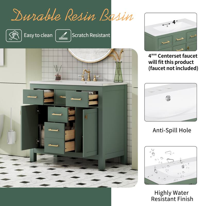 36'' Bathroon Vanity with Resin Sink, Freestanding Bathroom Vanity Cabinet with 4 Drawers, 2 Cabinets and 2 Soft Close Doors