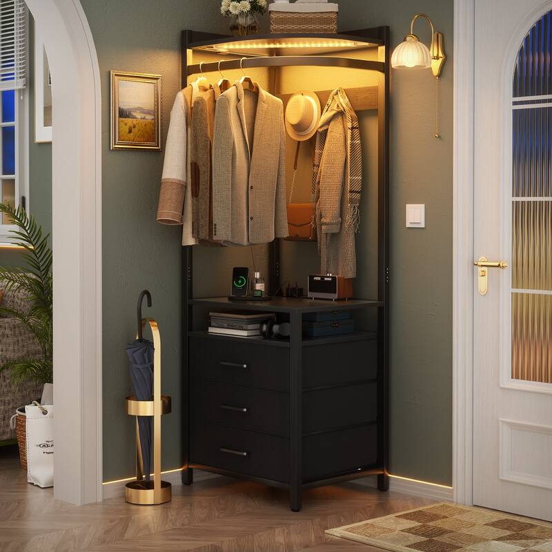 Corner Garment Rack with Power Outlets & LED Lights, Closet Organizer with 3 Fabric Drawers - Black
