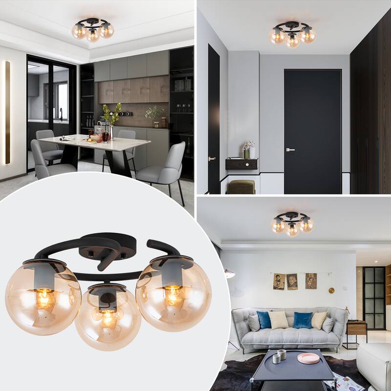 3 Light Matte Black Flush Mount Lighting Industrial with Amber Glass Globes - Dia.16.93-in