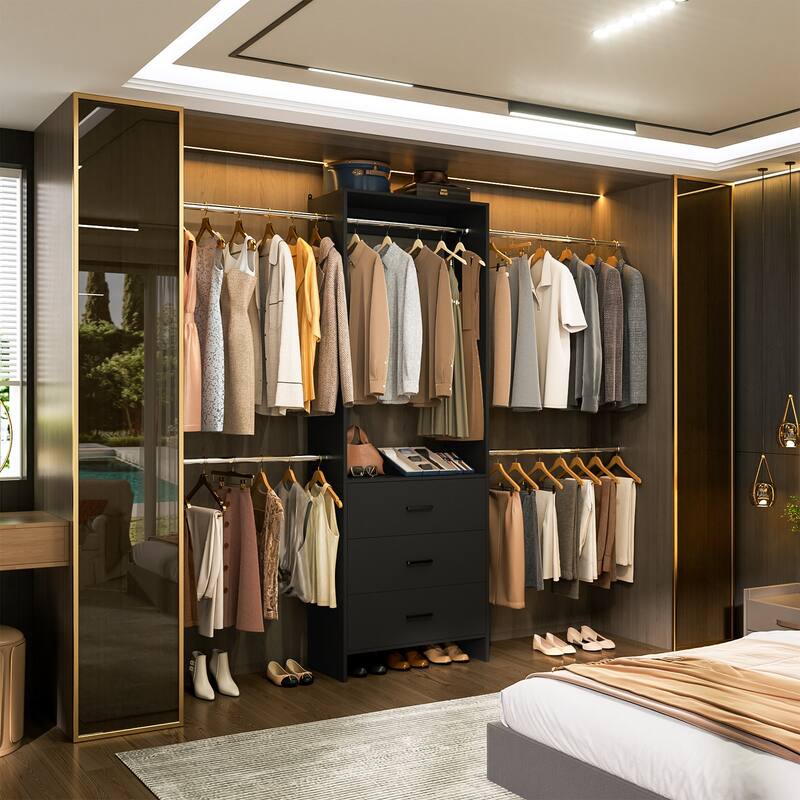 Cimly 118'' Closet Organizer with 3 Wooden Drawers, Adjustable Closet System with 5 Hanging Rods