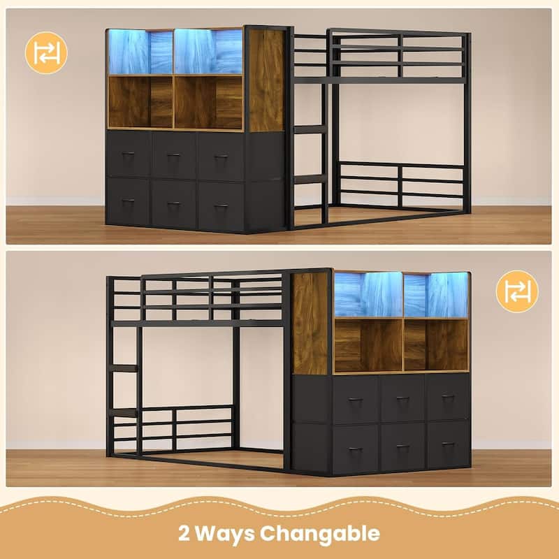 Twin Size Low Loft Bed 6 Fabric Storage Drawers LED Lights Twin Over Twin Bunk Bed