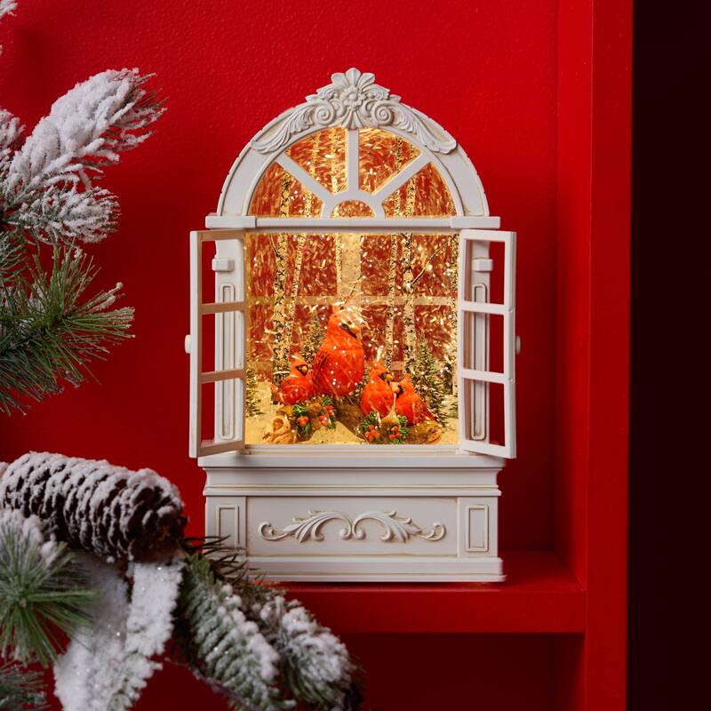 LED Snow Globe Window with Cardinal Family 9"H