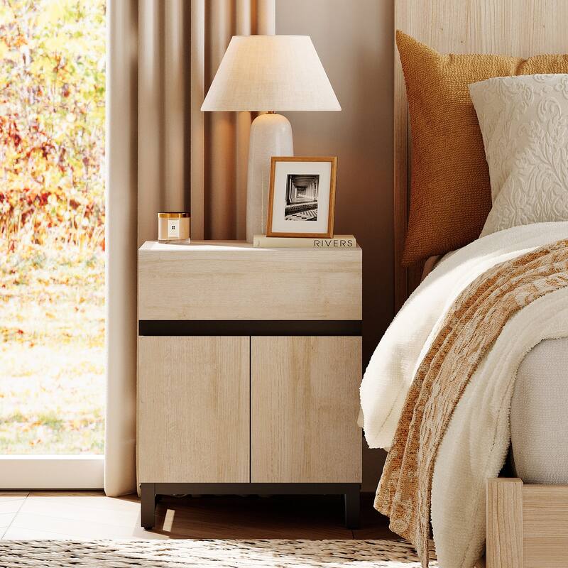 WAMPAT Modern Nightstand with 1 Drawer & 1 Storage Cabinet, Farmhouse Bedside Table with 2 Open Door forBedroom - Beige - 1-drawer
