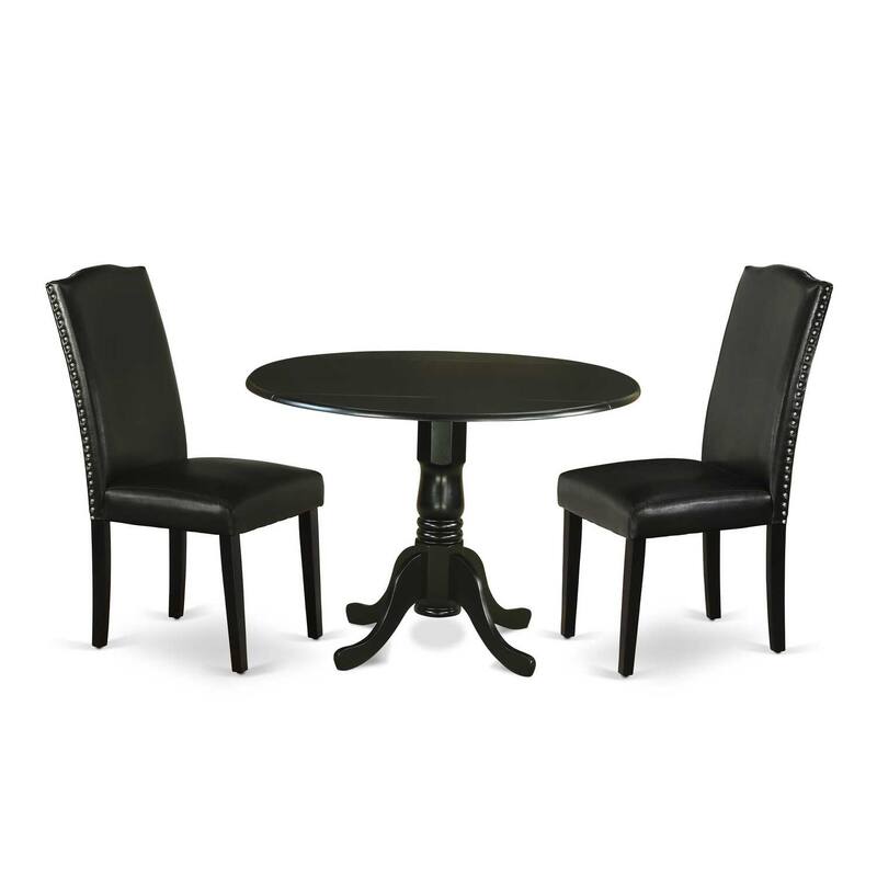 HomeStock 3-Piece Round Black Finish Solid Wood Top Dining Table with 2 Parson Chairs with Drop Leaf