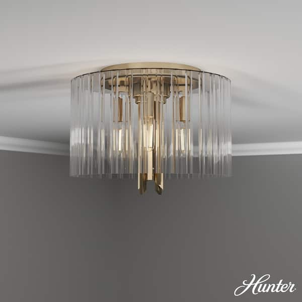 slide 2 of 8, Hunter Gatz Ribbed Glass 4-Light Flush Mount Ceiling Light, Low Profile - Modern, Glam, Fluted Glass Alturas Gold
