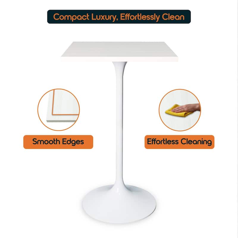 Verve 43 in. Tall Bar Height Dining Table Square MDF Wood Tabletop in White Stainless Steel Pedestal Base Accent Bar Table