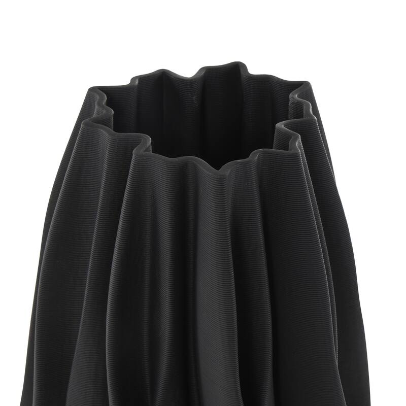 Ceramic Abstract Dimensional Wavy Ribbed Decorative Vase with Floral Shaped Rim - Black - Roche River Decor