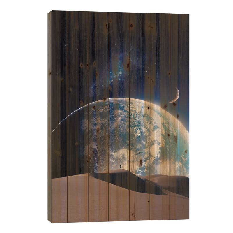 Top Of The Dune Desert And Planet Earth Print On Wood by GEN Z - Multi-Color - 26x18x1.5