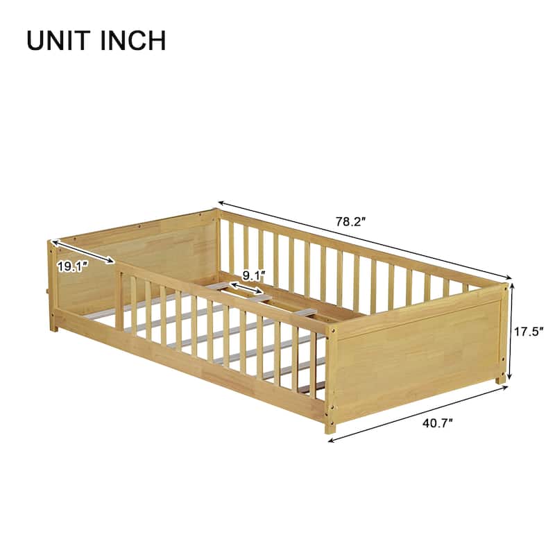 Twin Size Floor Platform Bed with Fence Rail and Built-in Book Rack, Wood Slat Support