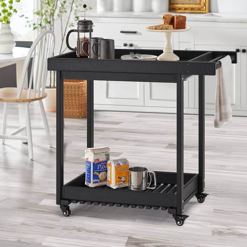 EROMMY Rolling Kitchen Island Cart with Storage, 2-Tier Mobile Outdoor Kitchen Cart on Wheels, Black HDPE Utility Serving Table