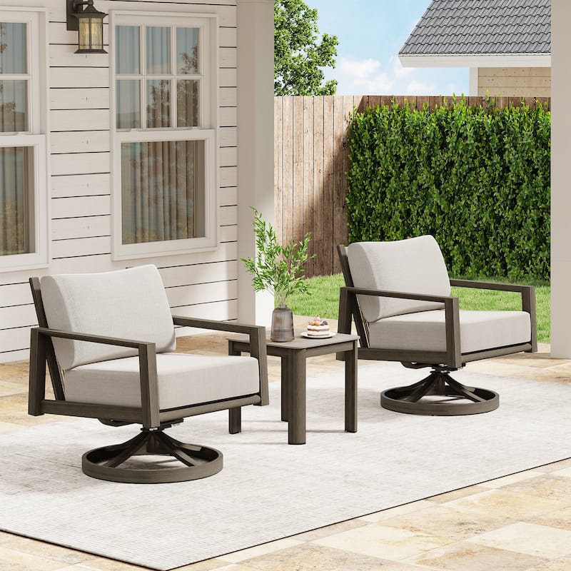 Nimbus 3-Piece Brown Aluminum Patio Conversation Set with Swivel Chairs, Sunbrella Light Gray Cushions and Side Table