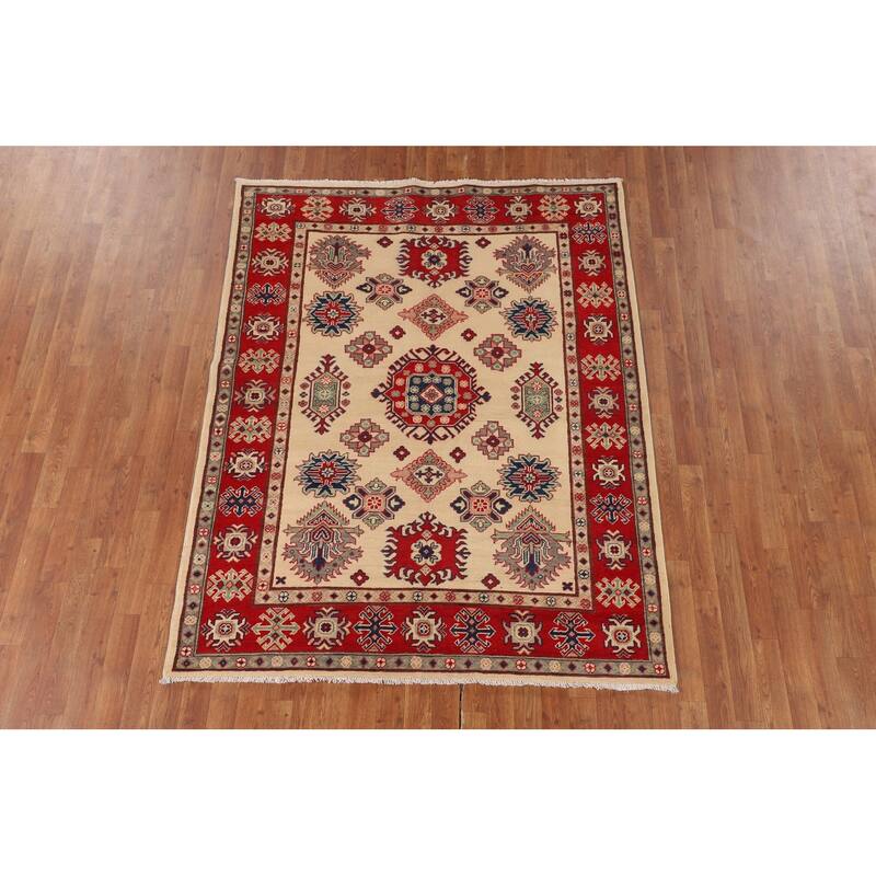 Geometric Kazak Area Rug Hand-Knotted Beige Wool Carpet - 5'2" x 6'6"