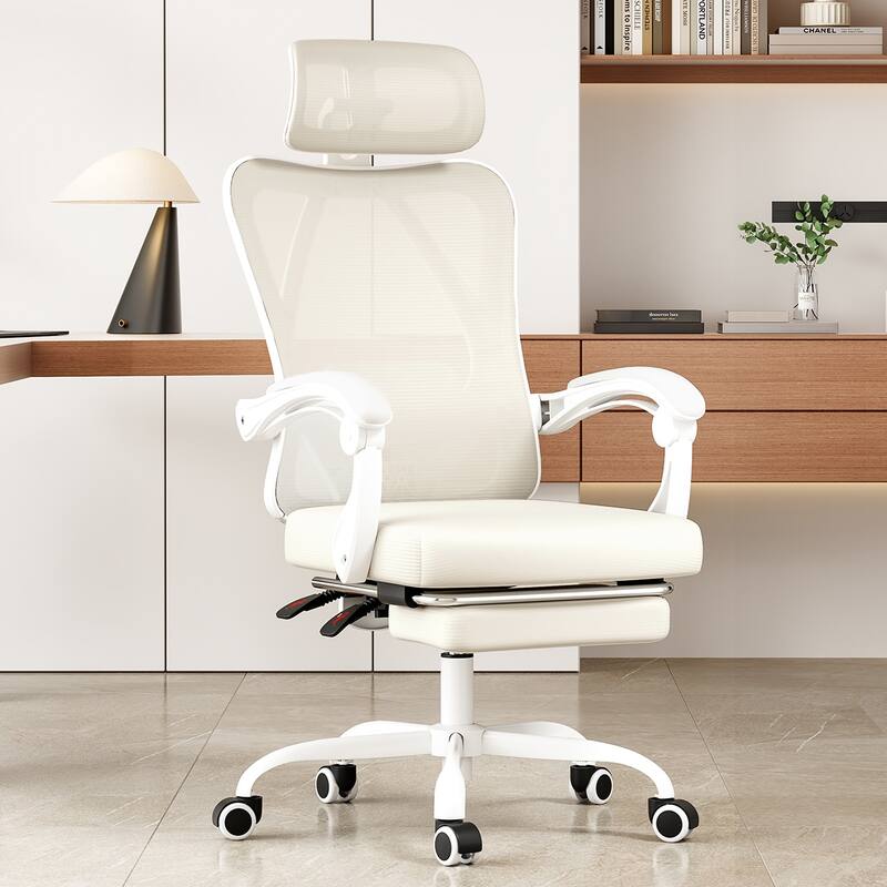 Ergonomic Office Chair with Footrest, Office Desk Chair with Headrest, High Back Computer Chair with Adjustable Lumbar Support - Beige