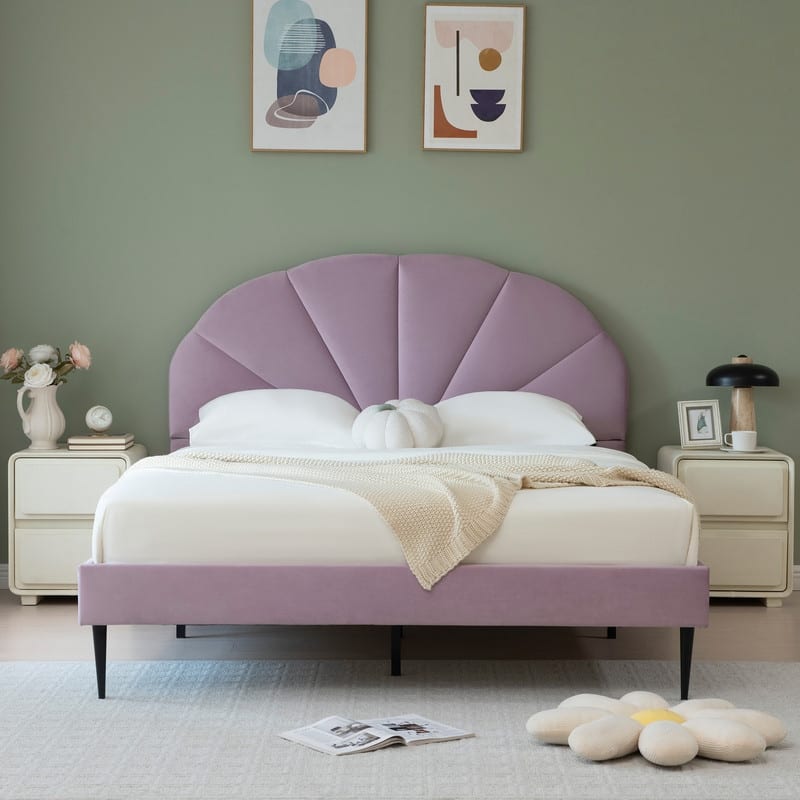 Upholstered Bed with Unique Seashell Headboard - Purple - Full