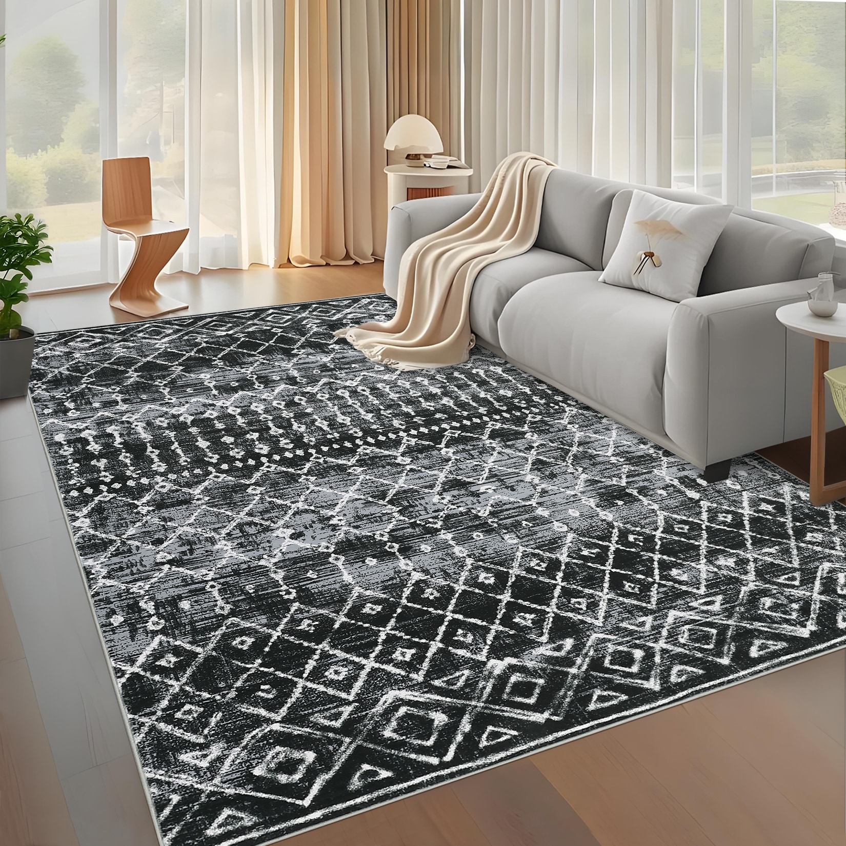 Area Rugs for Living Room Bedroom Washable Vintage Geometric Rug Non-Slip Low Pile Indoor Floor Carpet