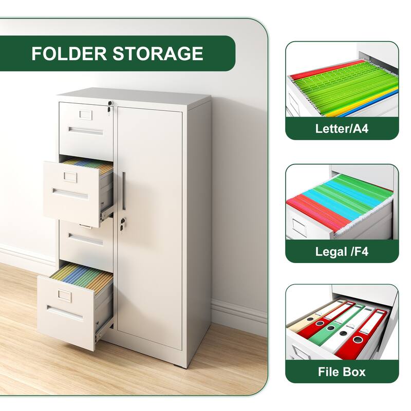 Metal Vertical Filing Cabinet with Wardrobe, Lockable Steel Office File Storage Cabinet with 4 Drawers and 1 Door