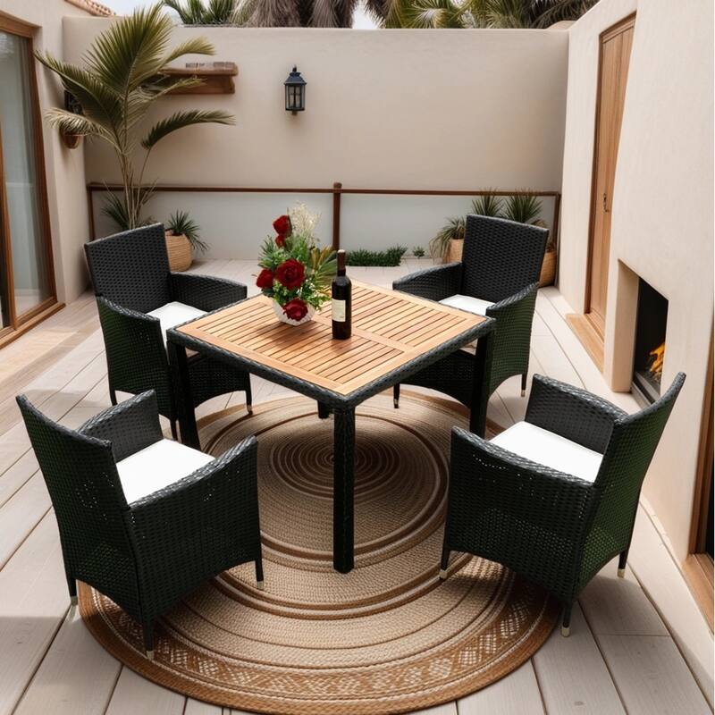 5 Piece Outdoor Patio Wicker Dining Set, Poolside Picnic Beer Coffee Table with 4 Removable Cushions Wicker Arm Chairs - Black+Cream