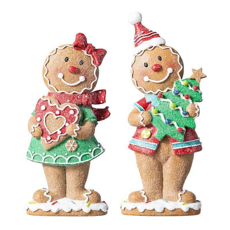 Glitzhome Resin Christmas Gingerbread Figurines Xmas Table Decor for Party Mantel Shelf Sitter