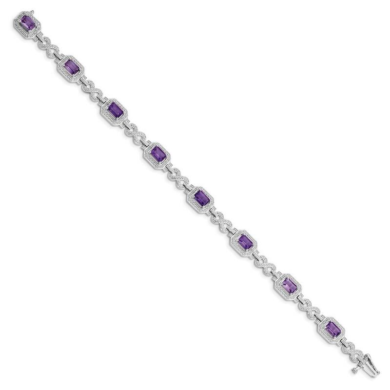 Curata 925 Sterling Silver Textured Polished Box Catch Closure Diamond and Amethyst Bracelet