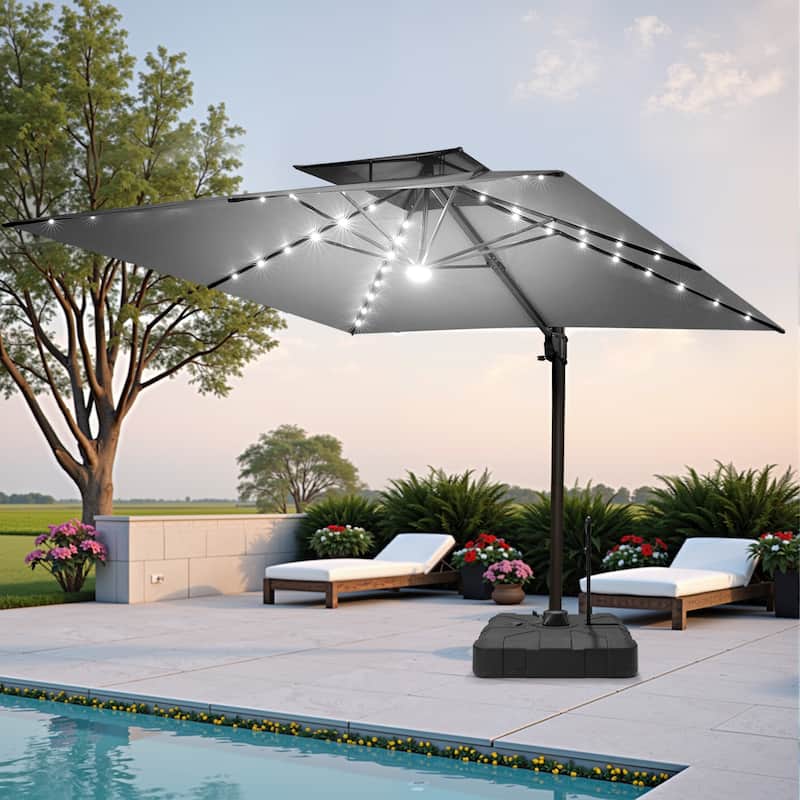Pellebant 9x11 FT Outdoor Patio Double Top Cantilever Umbrella Solar LED Lighted with Rod Base