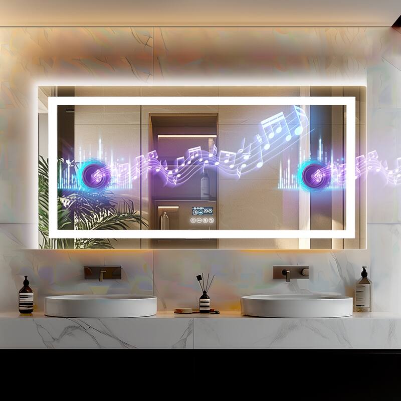 Smart LED Illuminated Fog-free Large Bathroom Mirror with Bluetooth Speakers, Digital Display