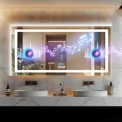 Smart LED Illuminated Fog-free Large Bathroom Mirror with Bluetooth Speakers, Digital Display