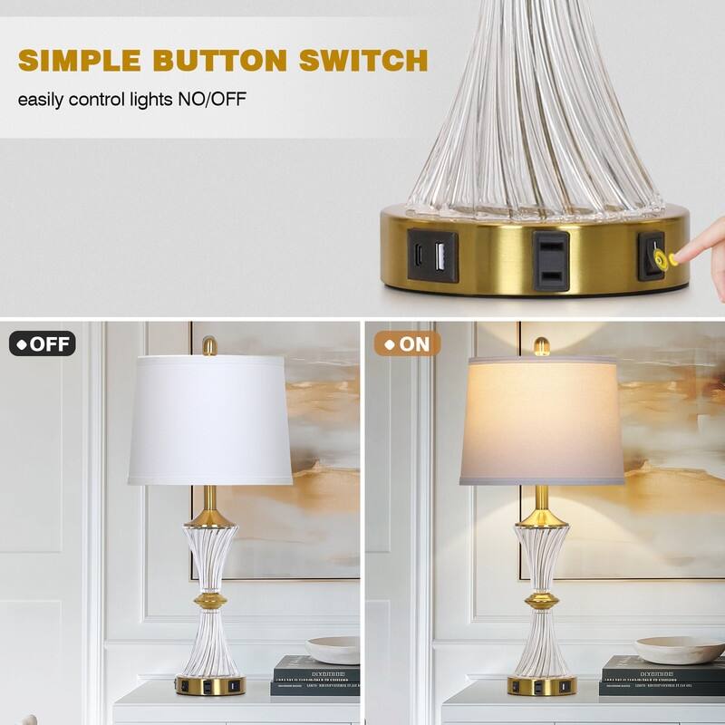 25.5" Gold Brass-Accent Table Lamp with USB-C Charging, Glass Lamp Fixture(Set of 2) - 12'' x 12'' x 25.5''