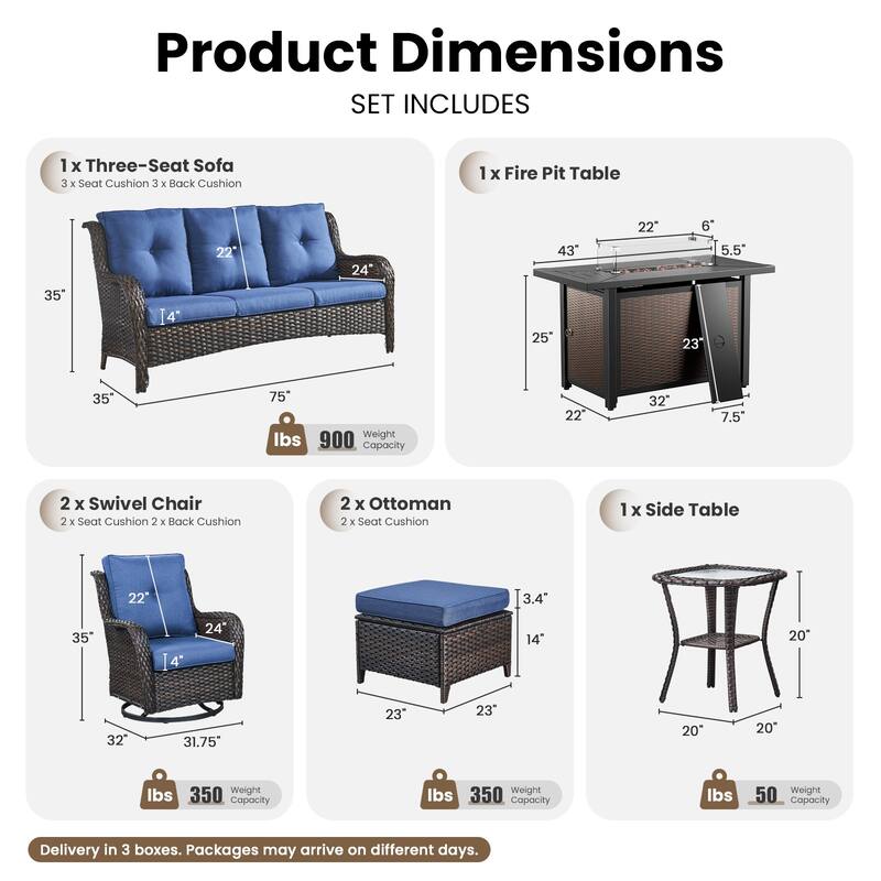 Gymojoy 7-Piece Patio Set w/ 55K BTU Fire Pit, 3-Seater Sofa, Swivel Rockers & Ottomans for Backyard, Deck