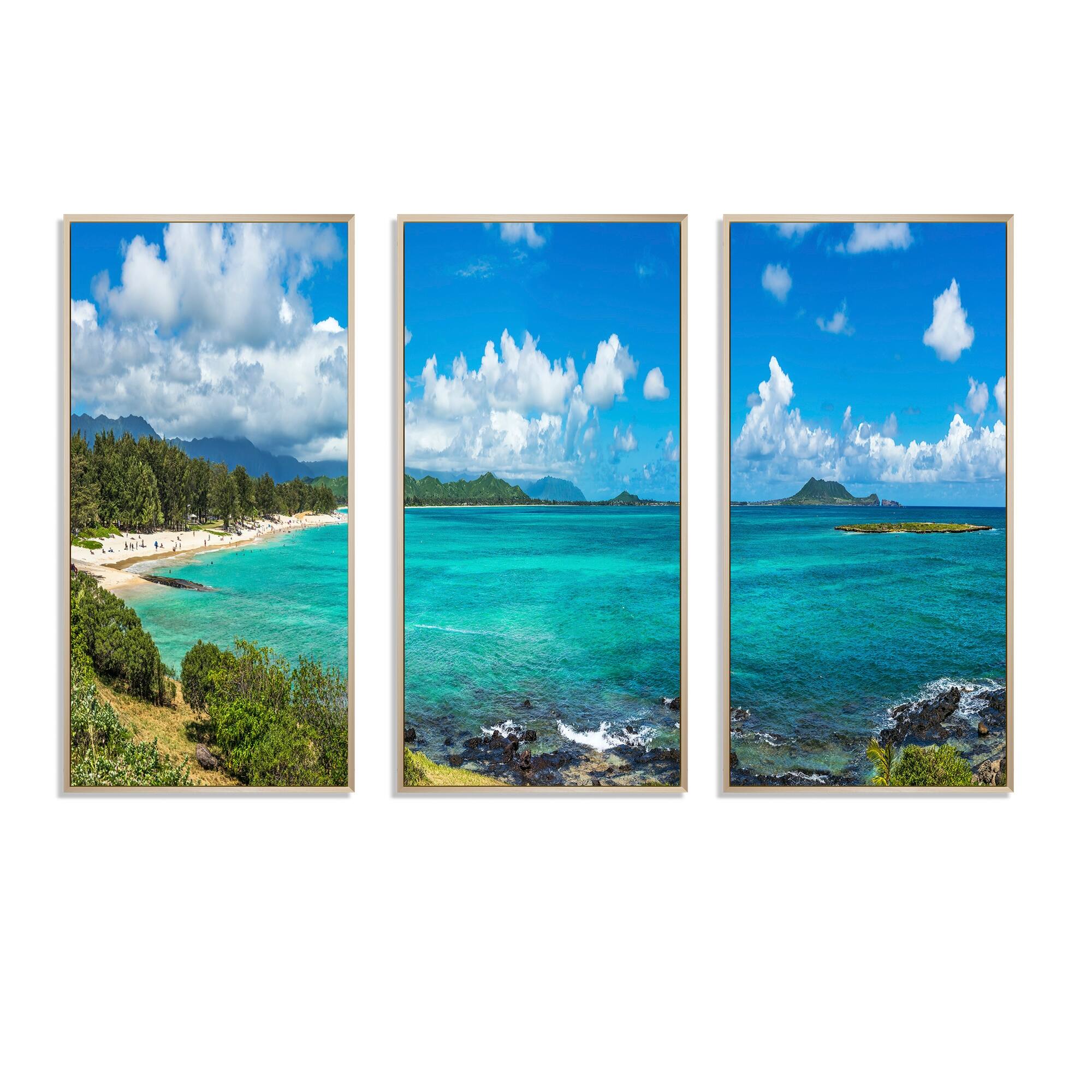 Designart "Kailua Beach in Oahu" Sea & Shore Framed Wall Art Set of 3