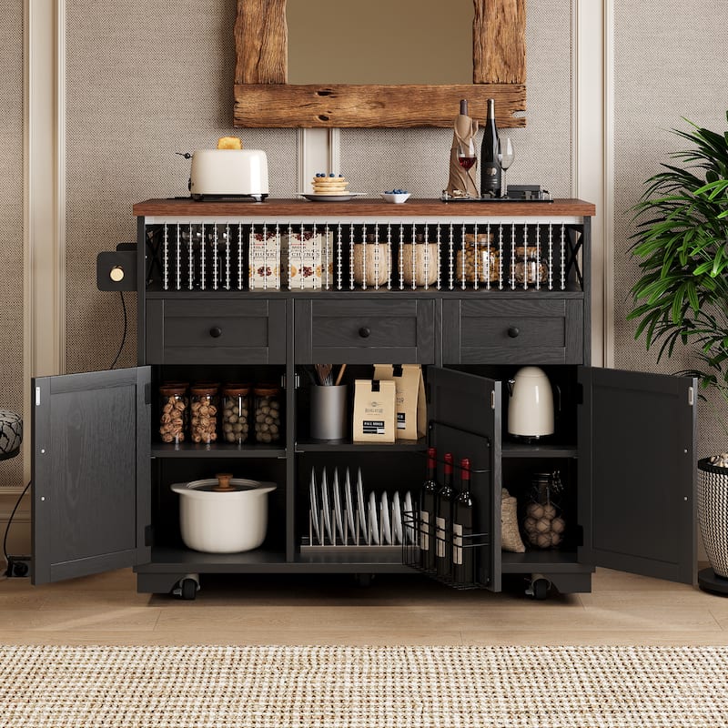 46.5" Farmhouse Kitchen Island Cart with Drape of Beads, Power Outlet, Rolling Kitchen Cart on Wheels with Drop Leaf