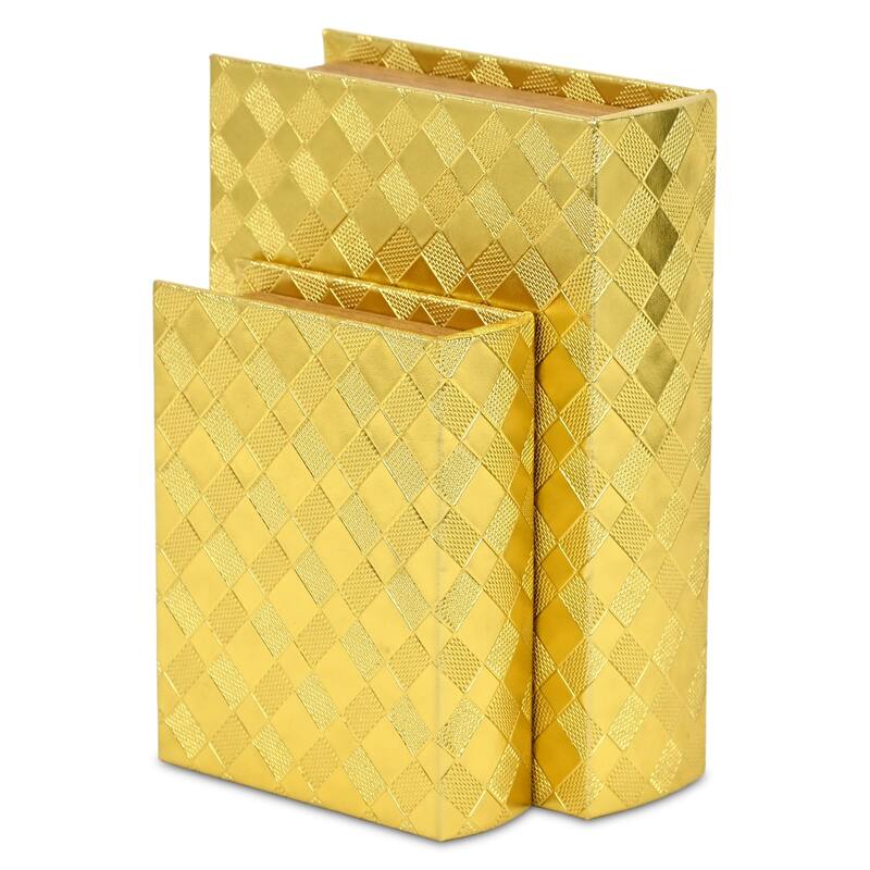 Zuleika Set of 2 Rectangular Decorative Book Boxes - Gold Checkered Diamond Pattern - N/A