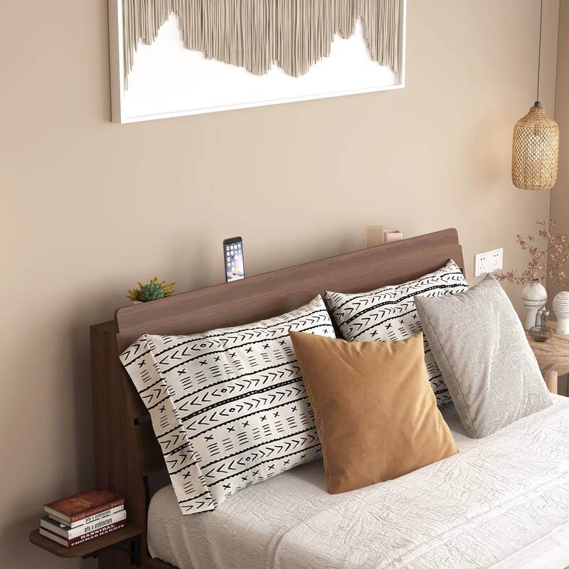 Floating Bed Frame Queen with Led Lights and Charging Station, Wood Queen Size Bed Frame with Storage Headboard