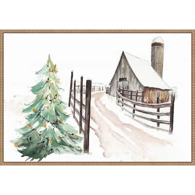 Snowy Vermont Farm by Patricia Pinto (33 x 23 in.), Framed Canvas Wall Art Print - Sylvie Beaded Rustic Natural