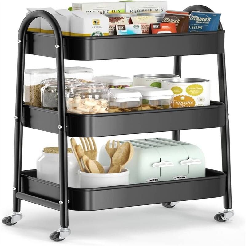 3 Tier Utility Rolling Cart - 15.94"D x 12.4"W x 30.51"H - Black