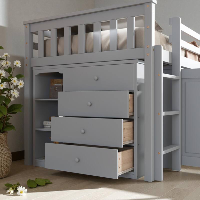 Twin Size Rubber Wood Loft Bed with Pull-Out Desk, Storage Cabinets, Drawers and Shelves, Safety Guardrail and Ladder