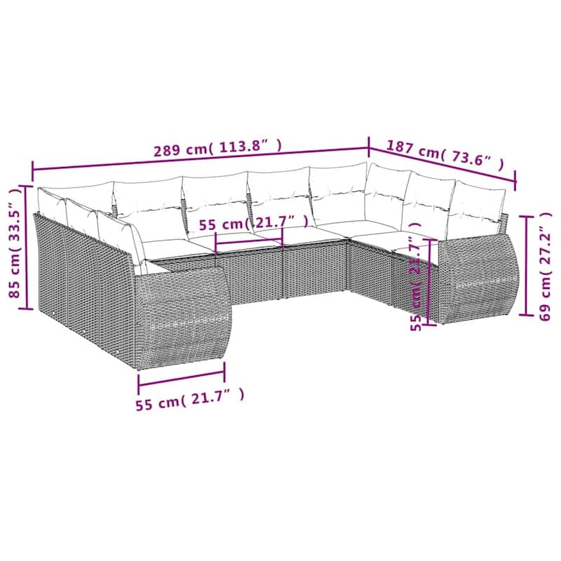 vidaXL 9 Piece Patio Sofa Set with Cushions Grey Poly Rattan - 24.4" x 24.4" x 27.2"
