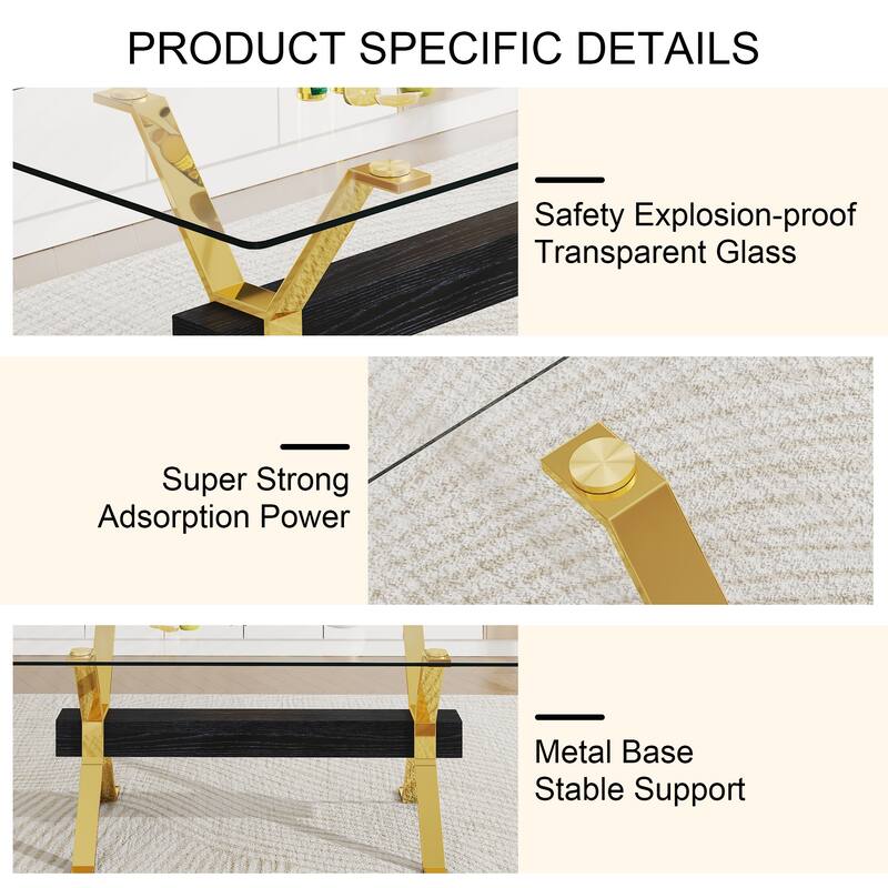 Roomfitters Large Glass Dining Table with Gold Plated Legs and MDF Crossbars for Kitchen or Office Use, Transparent