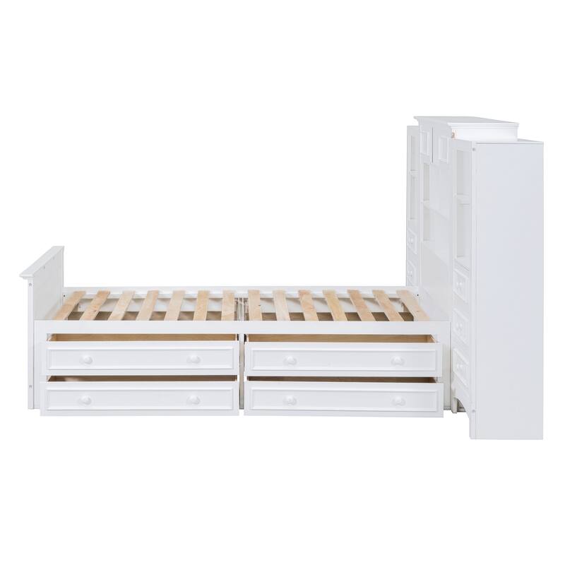 White Twin Size Wood Platform Bed with Vertical All-in-One Cabinet and 4 Drawers on each side
