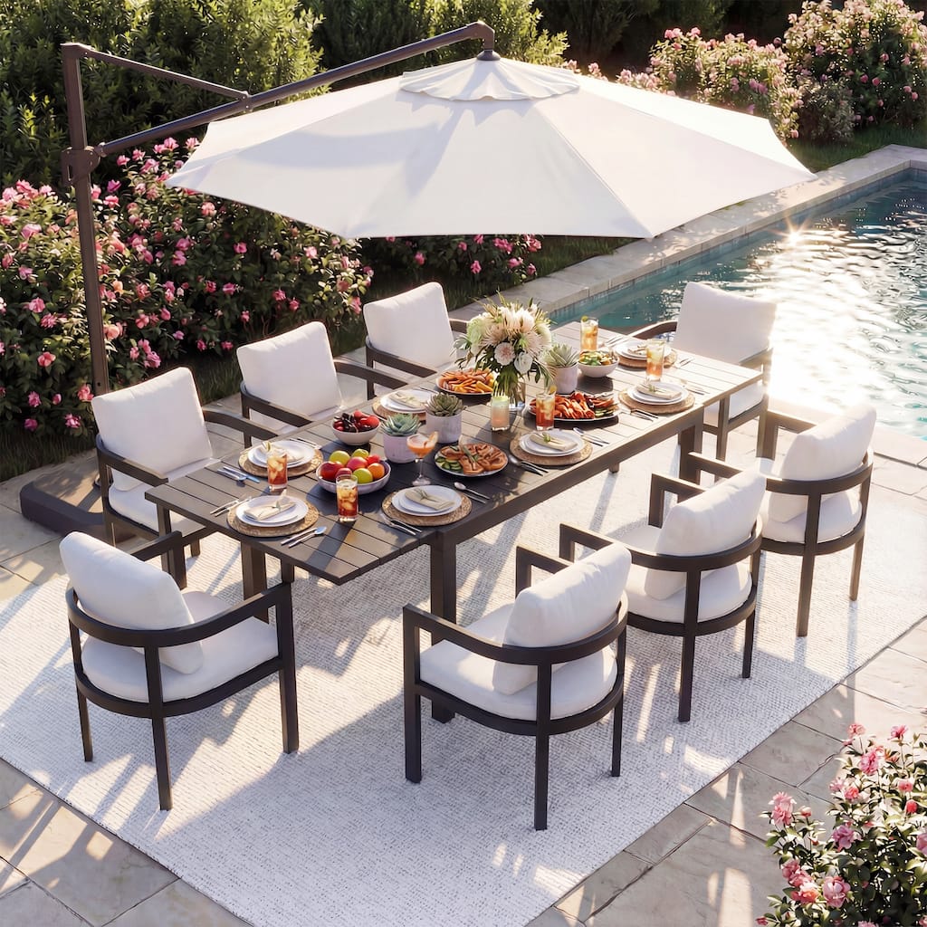 Extendable Aluminum Outdoor Dining Set for 6-8 People, Weather-Resistant Patio Table and Chairs with Cushions, Space-Saving