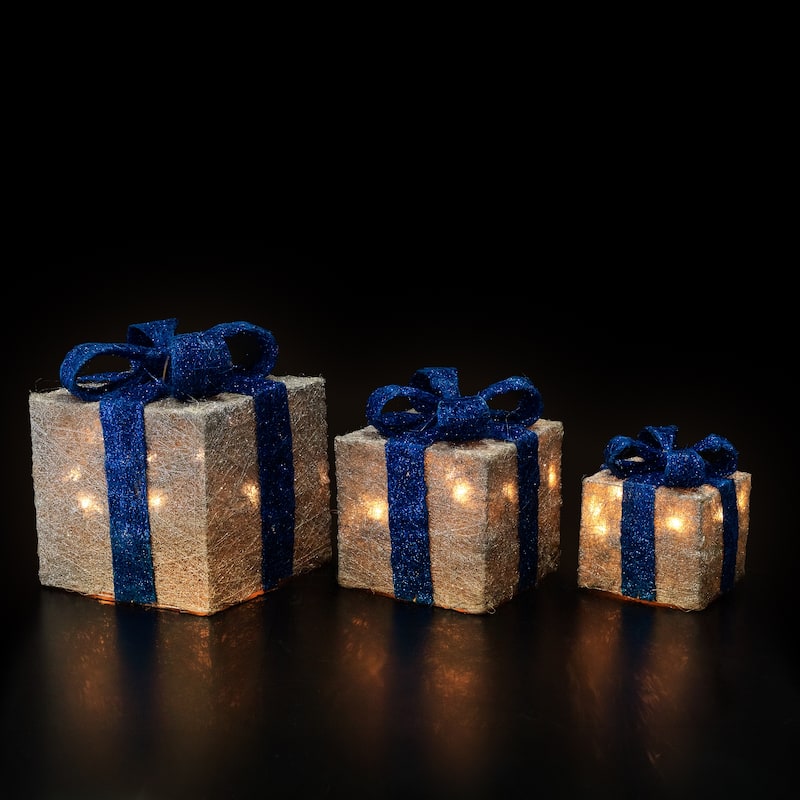 Set of 3 Silver Blue Lighted Gift Boxes Outdoor Christmas Yard Decor
