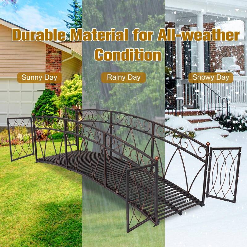 8 Ft Metal Garden Bridge w/Gate and Siderails, Long Iron Garden Arch Bridge Footbridge for Creek, Stream, Fish Pond, Black